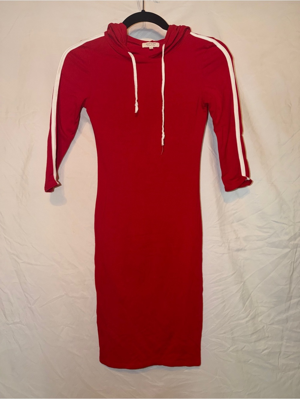 Heart Hips Red Hooded Midi Dress with White Sleeve Stripes and Drawcord